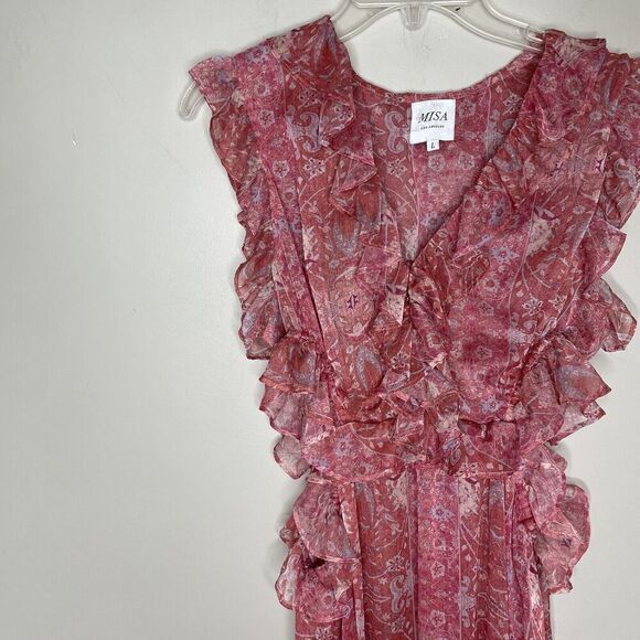 MISA Natasha Dress Womens Large Pink Floral Cut Out Midi Ruffle V-Neck Sheer - Picture 5 of 16